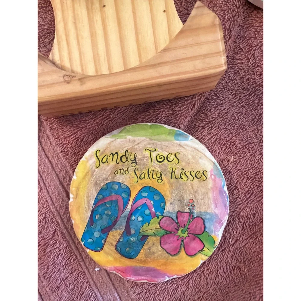 Set of 5 Tropical‎ Beach Absorbent Stone Coasters with Wood Holder Multicolor